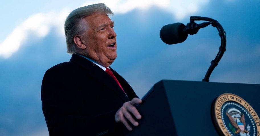 Outgoing President Donald Trump addresses guests at Joint Base Andrews in Maryland on Jan. 20, 2021. (Alex Edelman / AFP via Getty Images)