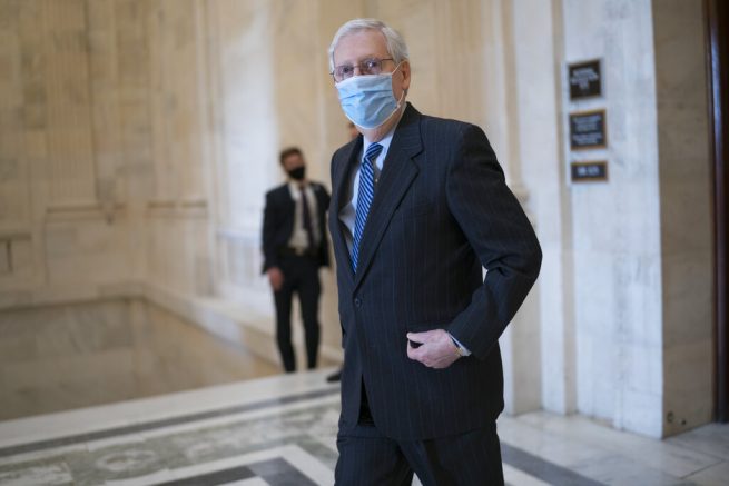 Senate Minority Leader Mitch McConnell, R-Ky., leaves a Republican policy luncheon on Capitol Hill in Washington, Thursday, March 4, 2021. (AP Photo/J. Scott Applewhite) Sen. Ron Johnson, R-Wis., Sen. Mike Lee, R-Utah,